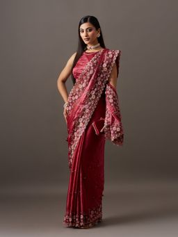 Kasee - Women Red Silk Blend Embroidered Saree With Unstitched Blouse