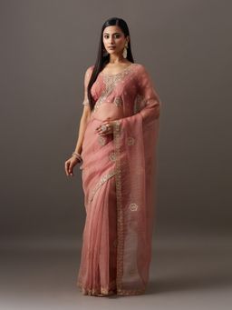 Kasee - Women Peach Silk Blend Embroidered Saree With Unstitched Blouse