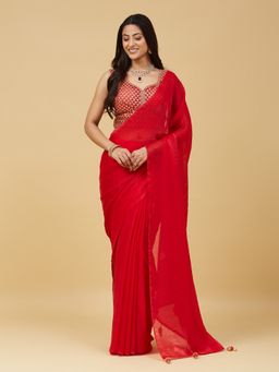 Kasee - Women Red Tissue Solid Saree With Unstitched Blouse