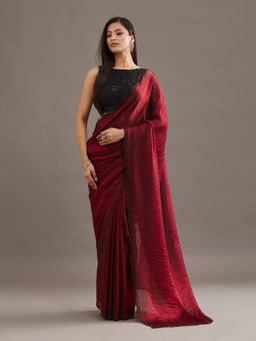 Kasee - Women Wine Silk Blend Embellished Saree With Unstitched Blouse
