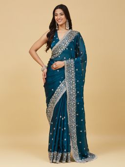 Kasee - Women Blue Silk Blend Embroidered Saree With Unstitched Blouse