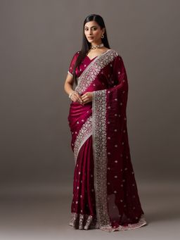 Kasee - Women Wine Silk Blend Embroidered Saree With Unstitched Blouse