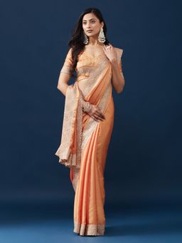 Kasee - Women Mustard Satin Embroidered Saree With Unstitched Blouse