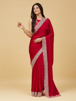 Kasee - Women Red Satin Embroidered Saree With Unstitched Blouse