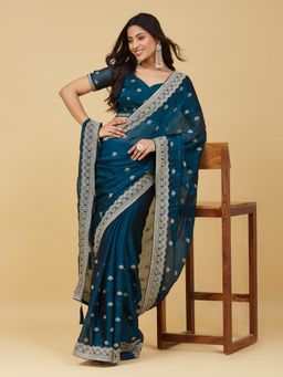 Kasee - Women Teal Silk Blend Embroidered Saree With Unstitched Blouse
