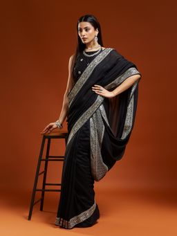Kasee - Women Black Silk Blend Embroidered Saree With Unstitched Blouse