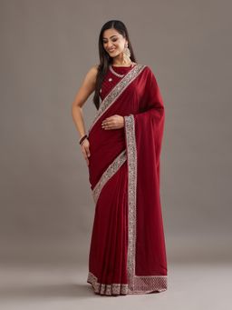 Kasee - Women Red Cotton Blend Embroidered Saree With Unstitched Blouse