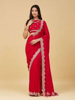Kasee - Women Red Silk Blend Embroidered Saree With Unstitched Blouse
