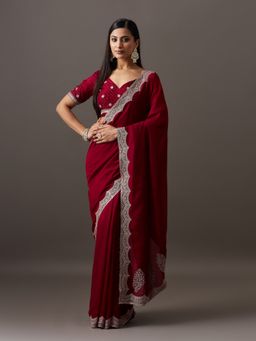 Kasee - Women Magenta Silk Blend Embroidered Saree With Unstitched Blouse