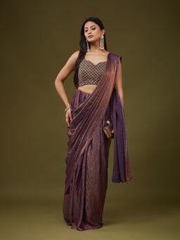 Kasee - Women Copper Silk Blend Solid Pre Drape Saree With Unstitched Blouse