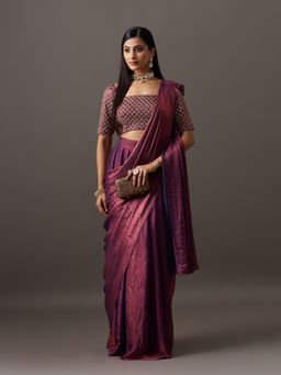 Kasee - Women Purple Silk Blend Solid Pre Drape Saree With Unstitched Blouse