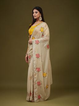 Kasee - Women Beige Silk Blend Embroidered Saree With Unstitched Blouse