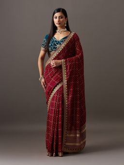 Kasee - Women Red Art Silk Embroidered Saree With Unstitched Blouse