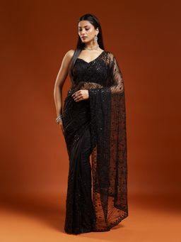 Kasee - Women Black Net Embellished Saree With Unstitched Blouse
