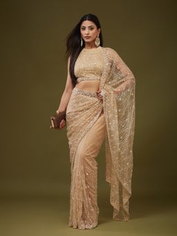 Kasee - Women Gold Net Embroidered Saree With Unstitched Blouse