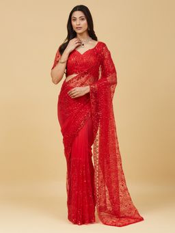 Kasee - Women Red Net Embellished Saree With Unstitched Blouse