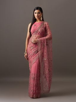 Kasee - Women Pink Net Embellished Saree With Unstitched Blouse