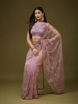 Kasee - Women Purple Net Embellished Saree With Unstitched Blouse