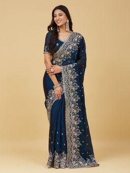 Kasee - Women Blue Satin Embroidered Saree With Unstitched Blouse