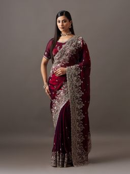 Kasee - Women Wine Silk Blend Embroidered Saree With Unstitched Blouse