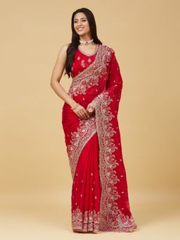 Kasee - Women Red Satin Embroidered Saree With Unstitched Blouse