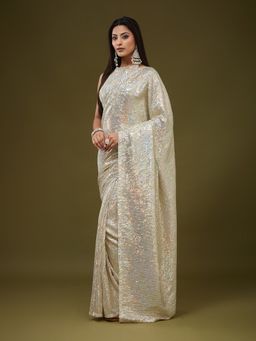 Kasee - Women Beige Silk Blend Embellished Saree With Unstitched Blouse