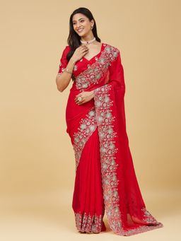 Kasee - Women Red Silk Blend Embroidered Saree With Unstitched Blouse