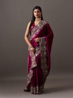 Kasee - Women Purple Silk Blend Embroidered Saree With Unstitched Blouse