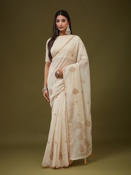 Kasee - Women Beige Cotton Blend Embroidered Saree With Unstitched Blouse
