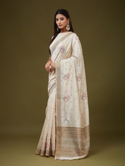 Kasee - Women Beige Cotton Blend Embroidered Saree With Unstitched Blouse