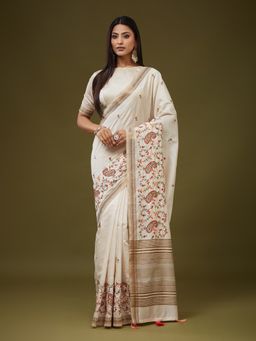 Kasee - Women Beige Cotton Blend Embroidered Saree With Unstitched Blouse