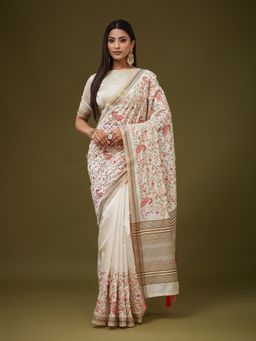 Kasee - Women Beige Cotton Blend Embroidered Saree With Unstitched Blouse