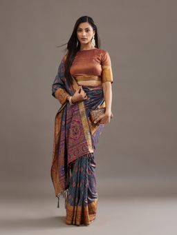 Kasee - Women Blue Silk Blend Handloom Saree With Unstitched Blouse