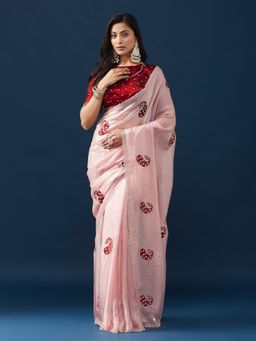 Kasee - Women Pink Tissue Embellished Saree With Unstitched Blouse