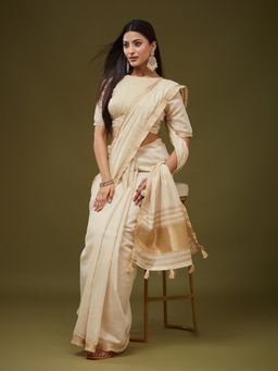 Kasee - Women Beige Cotton Blend Handloom Saree With Unstitched Blouse