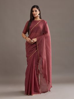 Kasee - Women Burgundy Cotton Blend Solid Saree With Unstitched Blouse