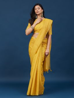 Kasee - Women Yellow Linen Blend Solid Saree With Unstitched Blouse
