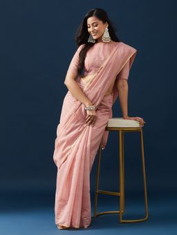 Kasee - Women Pink Linen Blend Solid Saree With Unstitched Blouse