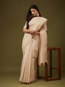 Kasee - Women Beige Cotton Blend Solid Saree With Unstitched Blouse