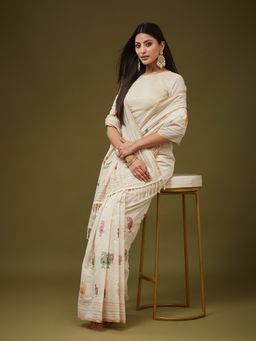 Kasee - Women Beige Cotton Blend Embroidered Saree With Unstitched Blouse