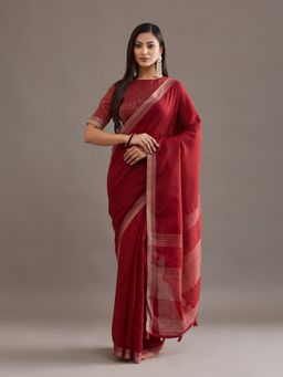 Kasee - Women Red Linen Blend Handloom Saree With Unstitched Blouse