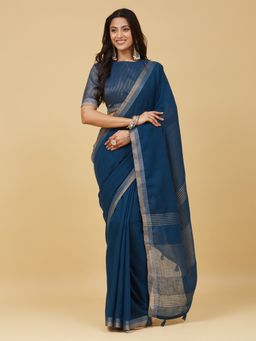 Kasee - Women Blue Linen Blend Handloom Saree With Unstitched Blouse