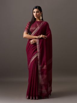 Kasee - Women Wine Linen Blend Handloom Saree With Unstitched Blouse