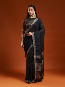 Kasee - Women Black Linen Blend Handloom Saree With Unstitched Blouse