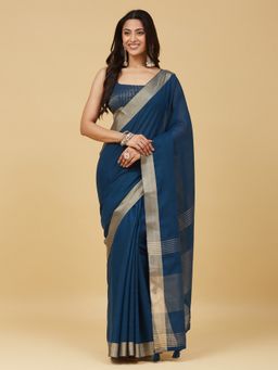 Kasee - Women Navy Blue Cotton Blend Handloom Saree With Unstitched Blouse