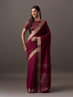 Kasee - Women Wine Cotton Blend Handloom Saree With Unstitched Blouse