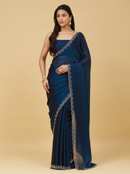 Kasee - Women Teal Tissue Embellished Saree With Unstitched Blouse