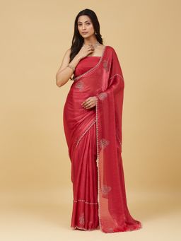 Kasee - Women Red Tissue Embellished Saree With Unstitched Blouse