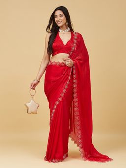 Kasee - Women Red Satin Embellished Saree With Unstitched Blouse