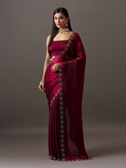 Kasee - Women Wine Satin Embellished Saree With Unstitched Blouse